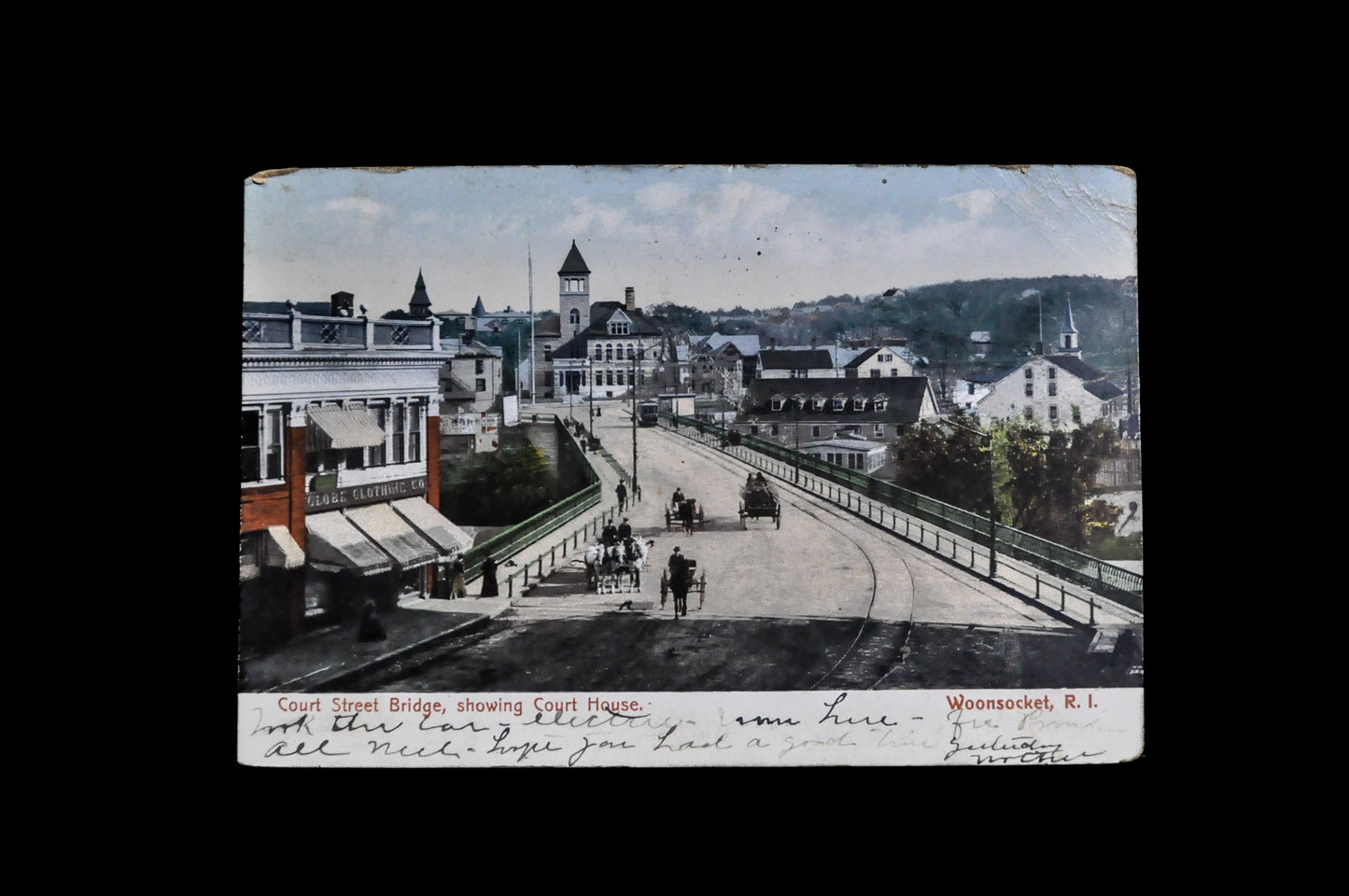 1906 Court Street Bridge, Woonsocket, RI Postcard - Postmarked/Sent - Antique Chromo Lithograph Rhode Island Street Postcard