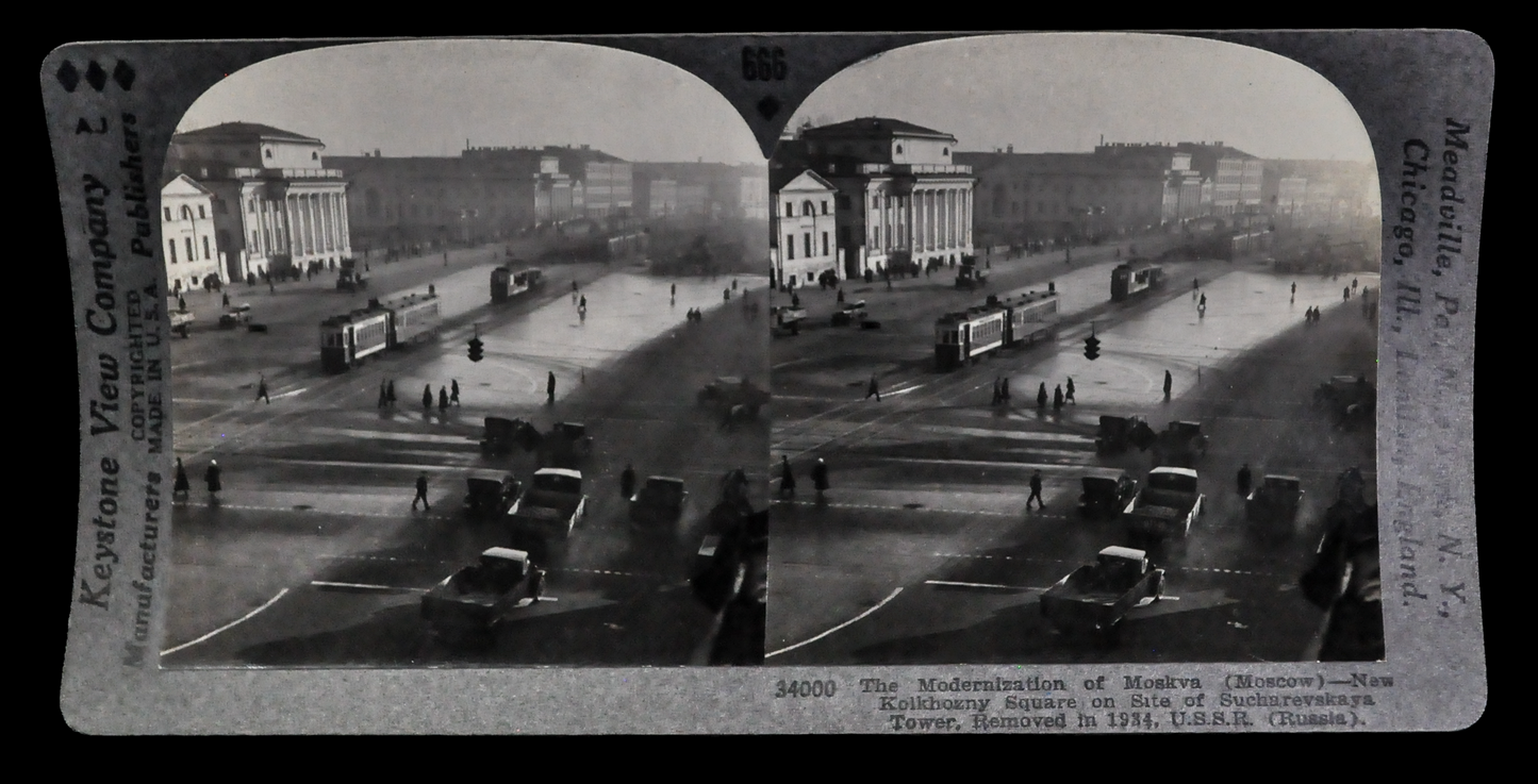 Antique Keystone Stereoview of New Kolkhozny Square, Moscow, USSR - No. 34000 - 1930s Photo of Soviet Russia Stereoview
