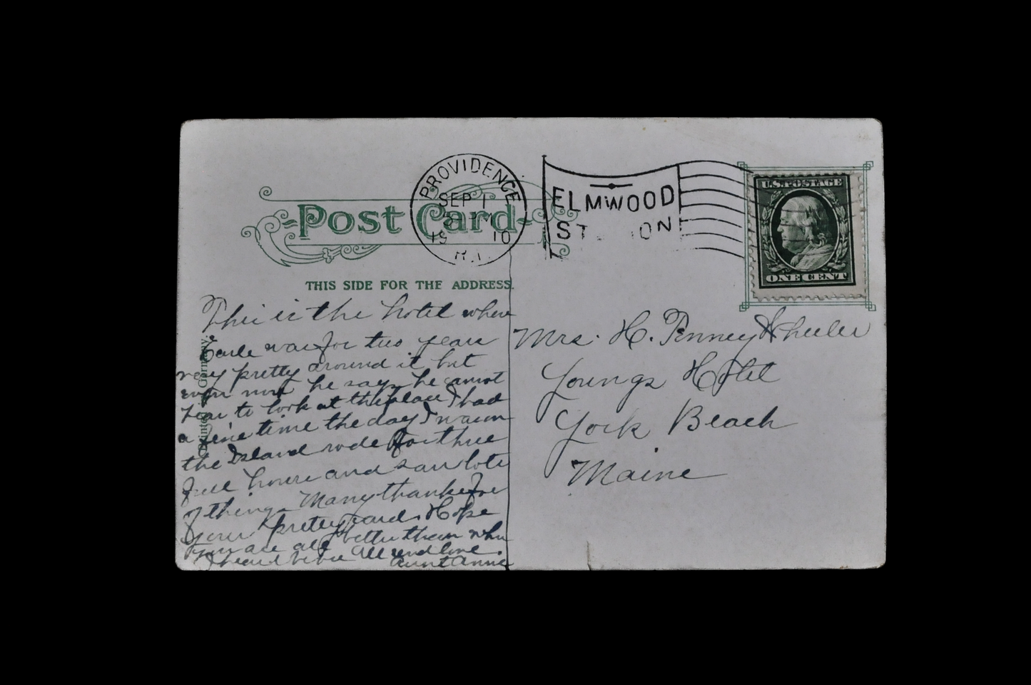 1910 Manisses Hotel, Block Island, Rhode Island Postcard - Postmarked/Sent - Antique Chromo Lithograph RI Hotel Postcard