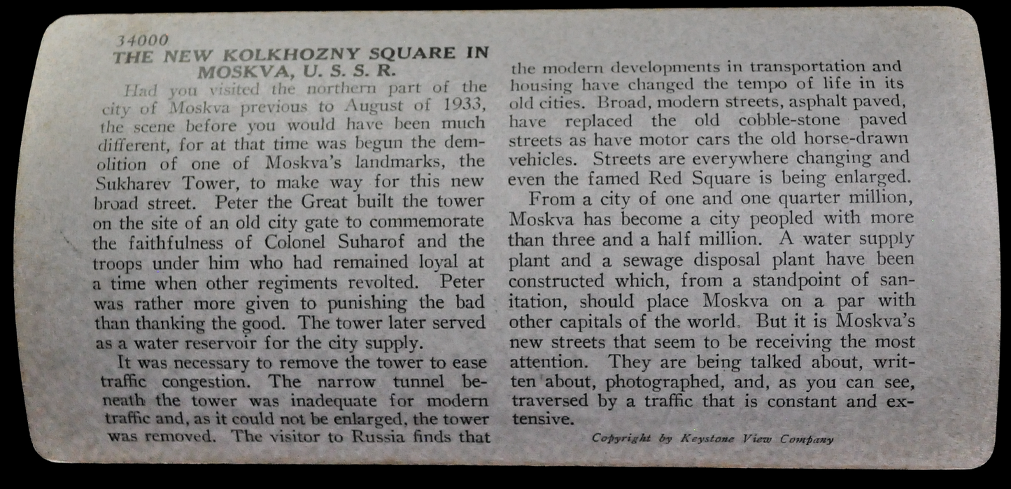 Antique Keystone Stereoview of New Kolkhozny Square, Moscow, USSR - No. 34000 - 1930s Photo of Soviet Russia Stereoview