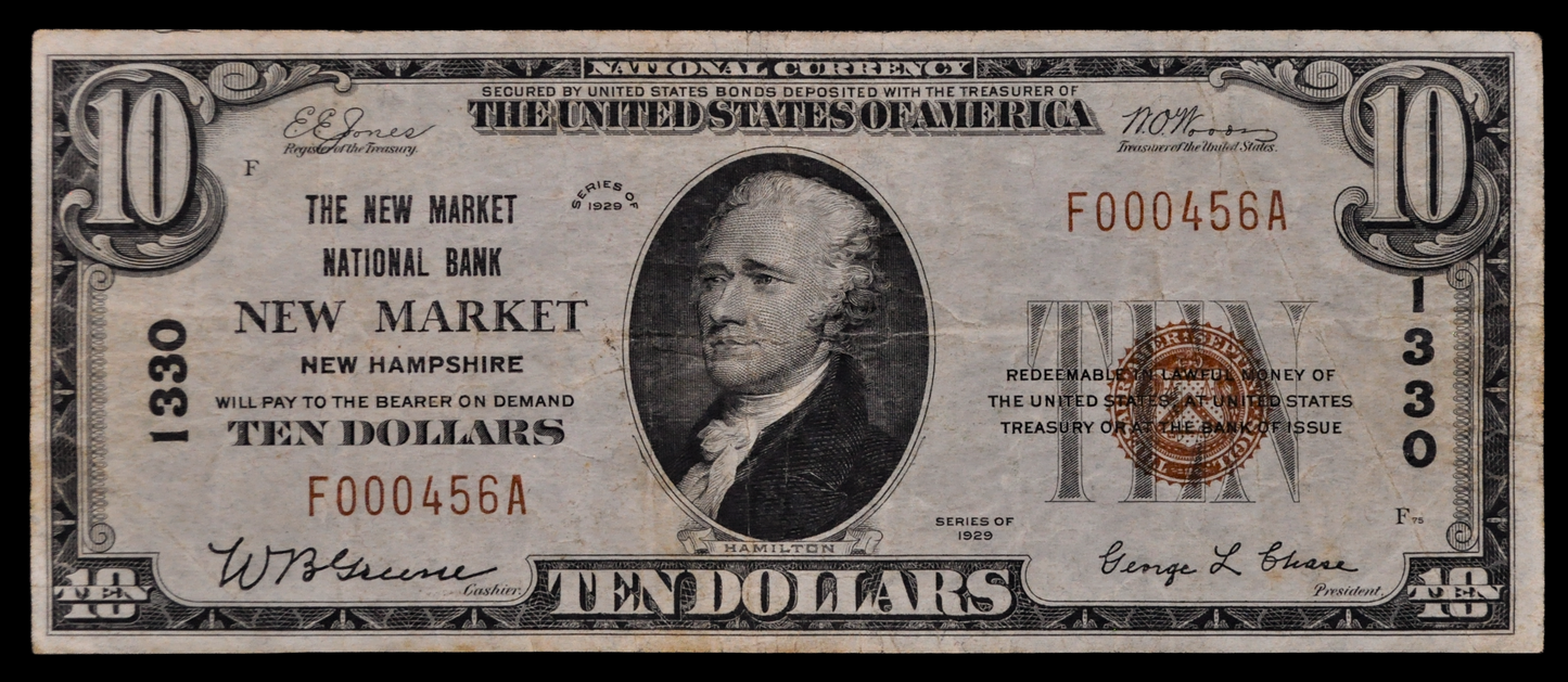 RARE 1929 Newmarket New Hampshire 10 Dollar National Currency Note - Type 1 - 1929 Brown Seal Ten Dollar NH Charter Note - Charter 1330