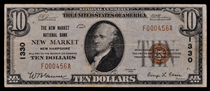 RARE 1929 Newmarket New Hampshire 10 Dollar National Currency Note - Type 1 - 1929 Brown Seal Ten Dollar NH Charter Note - Charter 1330
