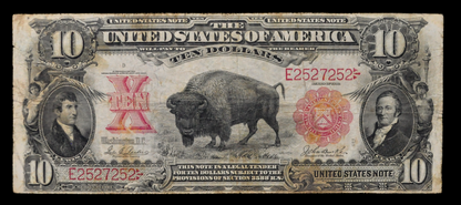 1901 US Legal Tender 10 Dollar Bison Note - RARE Parker/Burke Signed - Palindrome Serial - 1901 Large Red Seal Ten Dollar Note - Fr#119