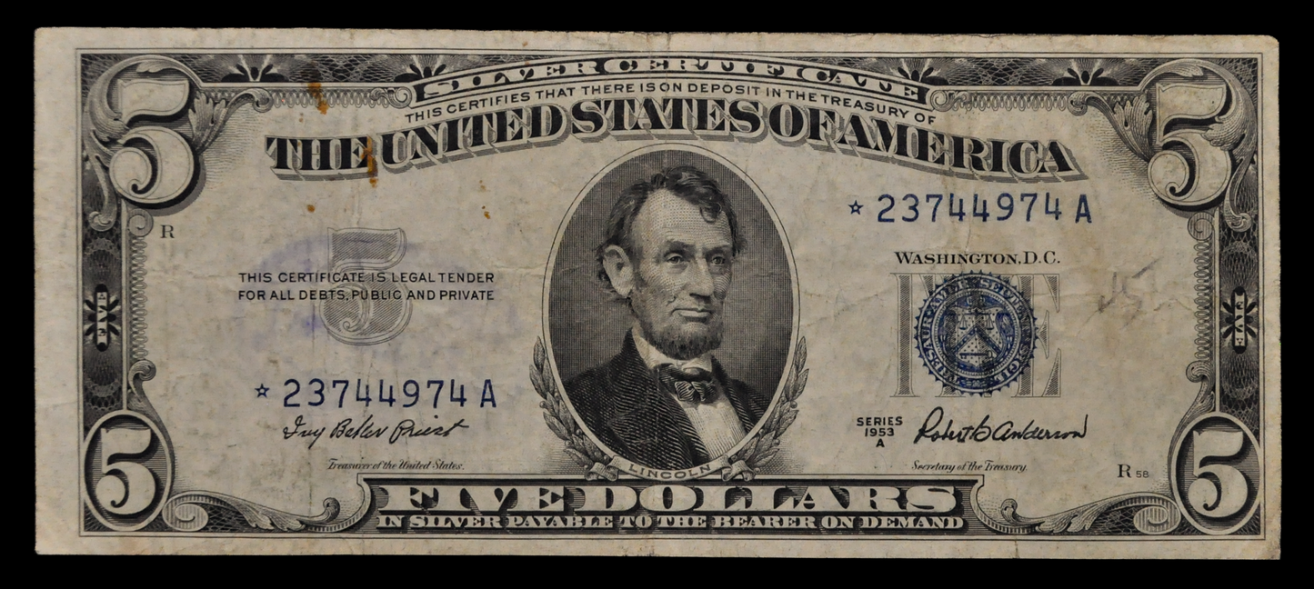 1953A Silver Certificate 5 Dollar Star Note - Very Fine (VF) - 1953-A Blue Seal Five Dollars Star Note - Fr.1656*