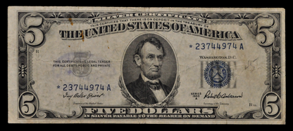 1953A Silver Certificate 5 Dollar Star Note - Very Fine (VF) - 1953-A Blue Seal Five Dollars Star Note - Fr.1656*
