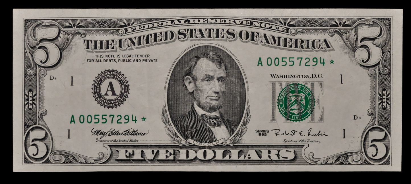1995 US Federal Reserve 5 Dollar Star Note - RARE Boston (A) Issue, 640,000 Printed - 1995 Green Seal Five Dollar Star Note - Fr.1984-A*