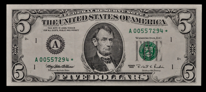 1995 US Federal Reserve 5 Dollar Star Note - RARE Boston (A) Issue, 640,000 Printed - 1995 Green Seal Five Dollar Star Note - Fr.1984-A*