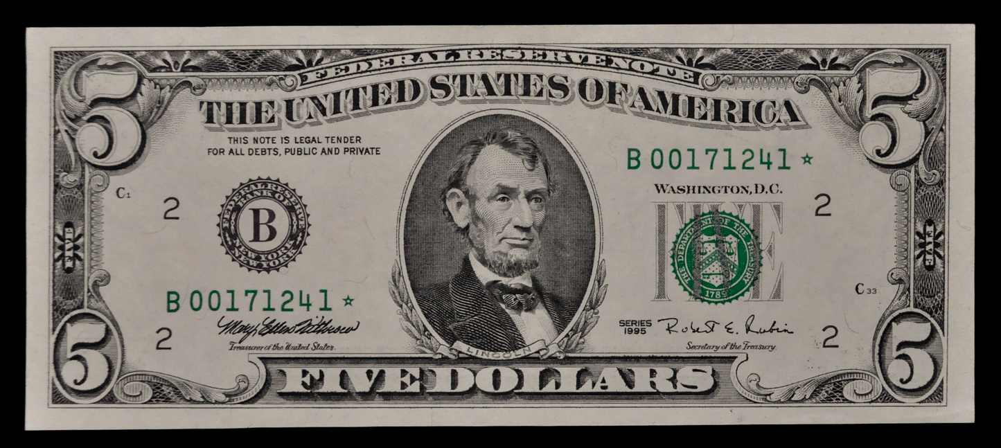 1995 US Federal Reserve 5 Dollar Star Note - Low Serial Number - New York (B) Issue - 1995 Green Seal Five Dollar Star Note - Fr.1984-B*