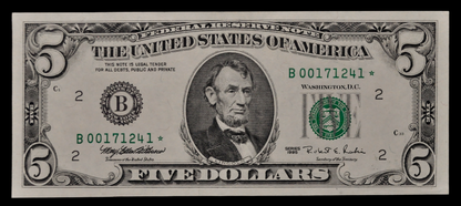 1995 US Federal Reserve 5 Dollar Star Note - Low Serial Number - New York (B) Issue - 1995 Green Seal Five Dollar Star Note - Fr.1984-B*