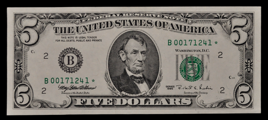 1995 US Federal Reserve 5 Dollar Star Note - Low Serial Number - New York (B) Issue - 1995 Green Seal Five Dollar Star Note - Fr.1984-B*