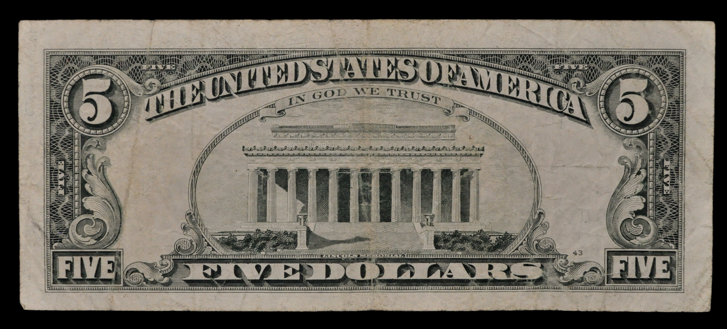 1995 US Federal Reserve 5 Dollar Star Note - Cleveland (D) Issue - Very Fine (VF) - 1995 Green Seal Five Dollar Star Note - Fr.1985-D*