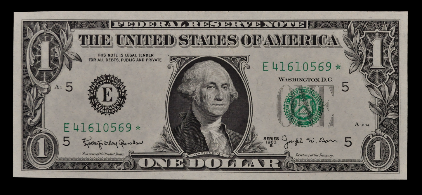 1963-B Federal Reserve 1 Dollar Star Note - Rarer Barr Signature - Uncirculated (UNC) - 1963B One Dollar Green Seal Star Note - Fr#1902-E*