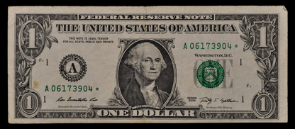 2009 Federal Reserve 1 Dollar Star Note - Boston (A) Issue - D.C. Printing - 2009 Green Seal One Dollar Star Note - Fr.3000-A*