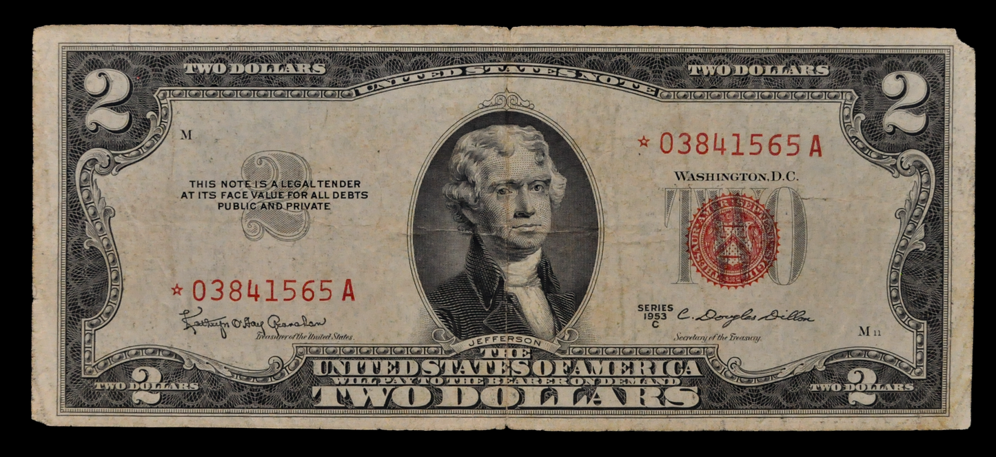 1953C Legal Tender 2 Dollar STAR Note - Very Fine (VF) - Rare 1953-C Red Seal Two Dollar Star Note - Fr.1512*