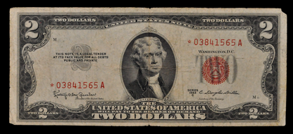 1953C Legal Tender 2 Dollar STAR Note - Very Fine (VF) - Rare 1953-C Red Seal Two Dollar Star Note - Fr.1512*