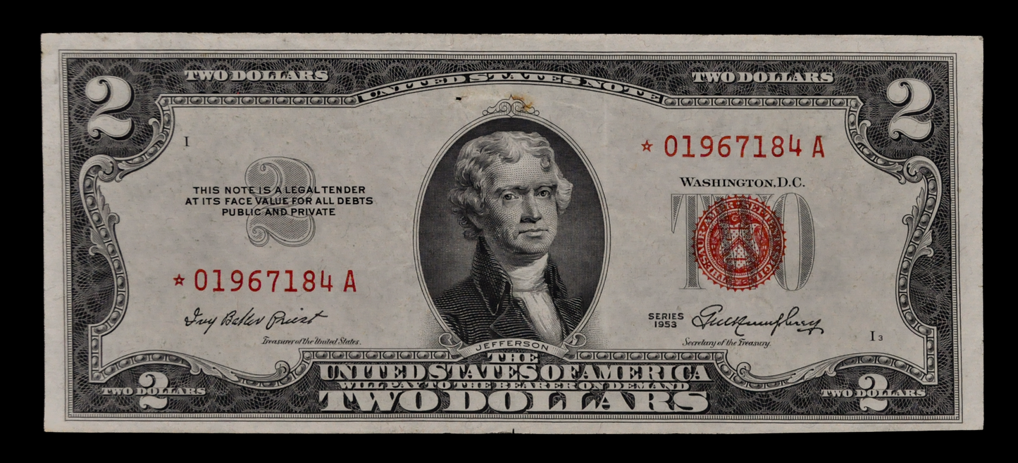 1953 STAR Legal Tender 2 Dollar Note - Choice Extremely Fine (XF+) - 1953 Red Seal Two Dollar U.S. Star Note - Fr#1509*