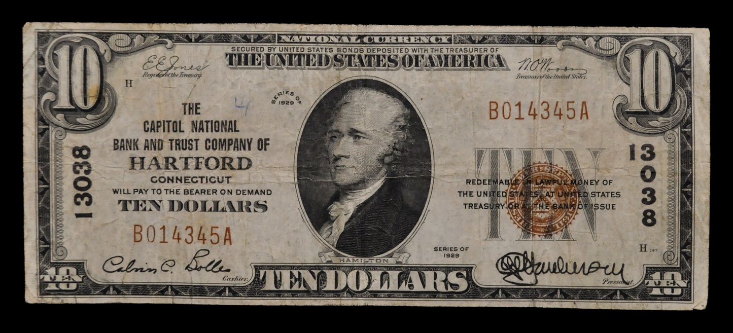 1929 Capitol National Bank Hartford Connecticut 10 Dollar Charter Note - 1929 Brown Seal Type 1 Ten Dollar CT National Note - Charter 13038