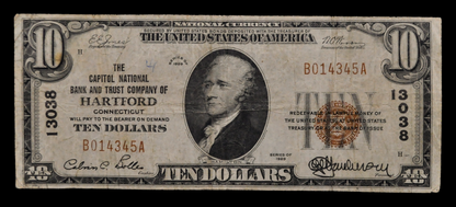 1929 Capitol National Bank Hartford Connecticut 10 Dollar Charter Note - 1929 Brown Seal Type 1 Ten Dollar CT National Note - Charter 13038