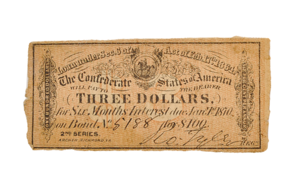 1864 Confederate 3 Dollars on 100 Dollar Bond Loan Coupon - C.S. Loan of Feb. 17th, 1864 - Civil War Era Confederacy Loan Interest Coupon