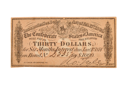 1864 Confederate 30 Dollars on 1000 Dollar Bond Loan Coupon - C.S. Loan of Feb. 17th, 1864 - Civil War Era Confederacy Loan Interest Coupon
