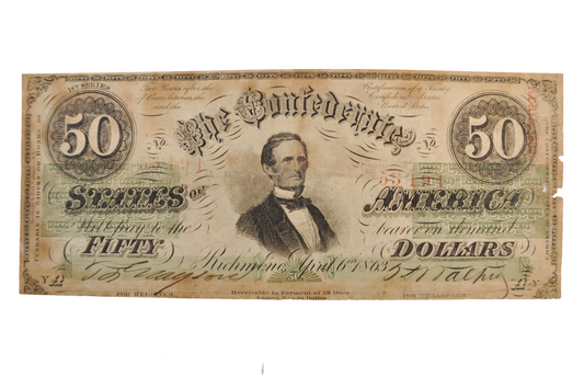 1863 Confederate States of America 50 Dollar Note - First Issue, Green - Choice Fine (F+) - 1863 Confederacy Fifty Dollar Note - T-57/CS-57