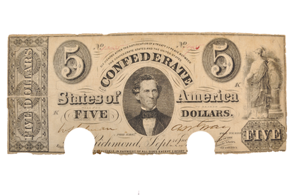 1861 Confederate States of America 5 Dollar Note - Rare Early Issue - Sept. 2nd 1861 Richmond VA Confederacy Five Dollar Bill - T-34 / CS-34