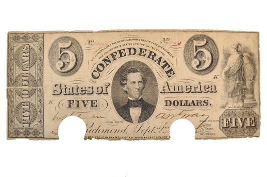 1861 Confederate States of America 5 Dollar Note - Rare Early Issue - Sept. 2nd 1861 Richmond VA Confederacy Five Dollar Bill - T-34 / CS-34