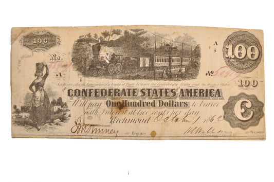 1862 Confederate States 100 Dollar Note - Rare Detailed Steam Type - Interest Stamps - 1862 CSA One Hundred Dollar Banknote - CS-40/T-40