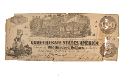 1862 Confederate States 100 Dollar Note - Visible White Steam Type - Interest Stamps - 1862 CSA One Hundred Dollar Banknote - CS-39/T-39