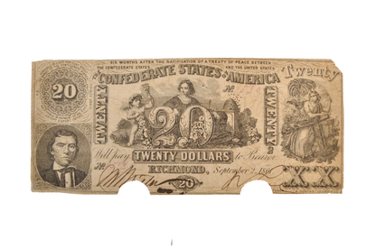 1861 Confederate States 20 Dollar Note - Rare Early Civil War Issue - VF, Cancelled - 1861 Confederacy Twenty Dollars Note - CS-20 / T-20
