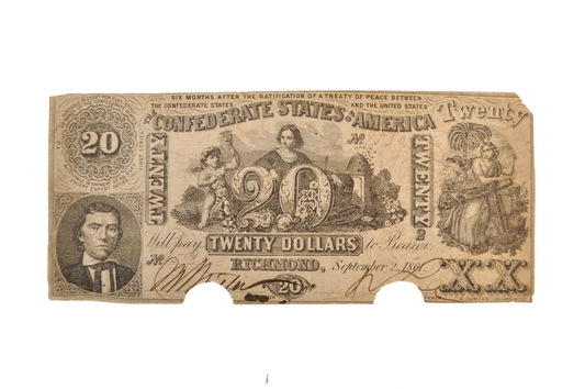 1861 Confederate States 20 Dollar Note - Rare Early Civil War Issue - VF, Cancelled - 1861 Confederacy Twenty Dollars Note - CS-20 / T-20