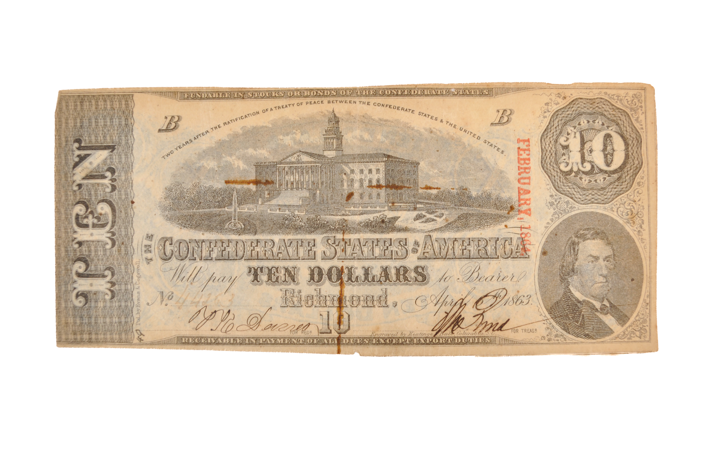 1863 Confederate States of America 10 Dollar Note - Extremely Fine (XF) - 1863 Confederacy Ten Dollars Obsolete Note - T-59 / CS-59