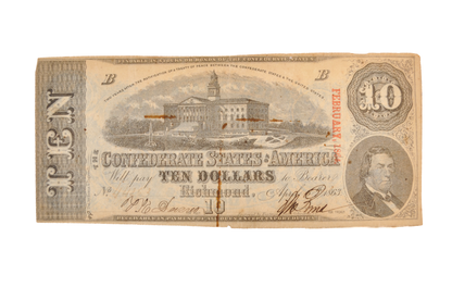 1863 Confederate States of America 10 Dollar Note - Extremely Fine (XF) - 1863 Confederacy Ten Dollars Obsolete Note - T-59 / CS-59