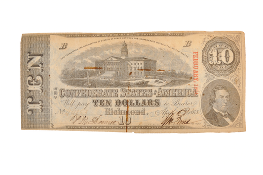 1863 Confederate States of America 10 Dollar Note - Extremely Fine (XF) - 1863 Confederacy Ten Dollars Obsolete Note - T-59 / CS-59