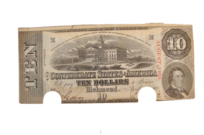 1863 Confederate States of America 10 Dollar Note - Almost Uncirculated, Cancelled - 1863 Confederacy Ten Dollars Obsolete Note - T-59/CS-59