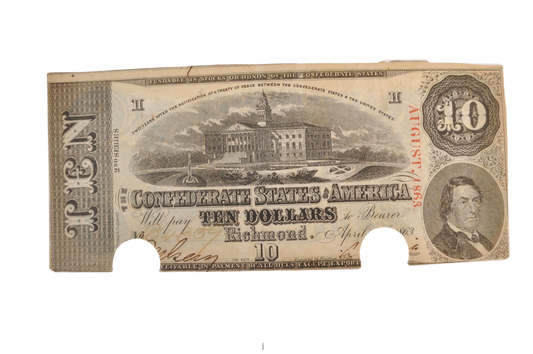 1863 Confederate States of America 10 Dollar Note - Almost Uncirculated, Cancelled - 1863 Confederacy Ten Dollars Obsolete Note - T-59/CS-59