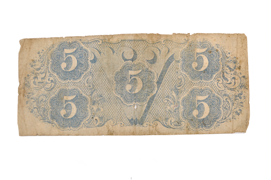 1863 Confederate States 5 Dollar Note - Scarce Early Issue - Choice Fine (F+) - 1863 Confederacy Five Dollars Note - T-60 / CS-60