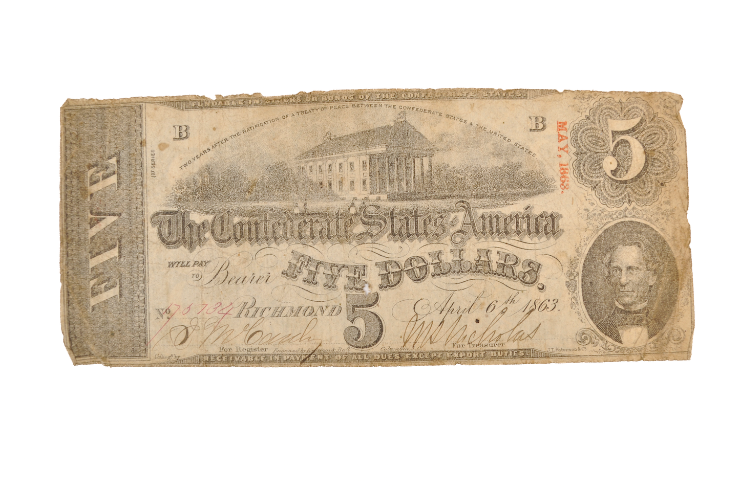 1863 Confederate States 5 Dollar Note - Scarce Early Issue - Choice Fine (F+) - 1863 Confederacy Five Dollars Note - T-60 / CS-60