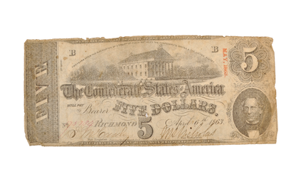 1863 Confederate States 5 Dollar Note - Scarce Early Issue - Choice Fine (F+) - 1863 Confederacy Five Dollars Note - T-60 / CS-60