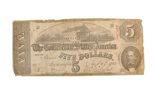 1863 Confederate States 5 Dollar Note - Scarce Early Issue - Choice Fine (F+) - 1863 Confederacy Five Dollars Note - T-60 / CS-60
