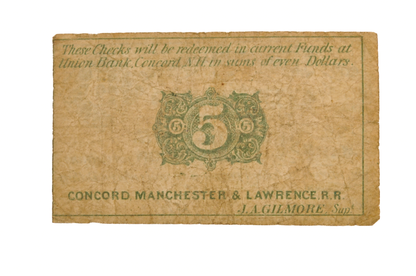 1862 Concord, Manchester & Lawrence Railroad 5 Cents Scrip - Dec. 1st, 1862 - Rare Civil War New Hampshire Railroad Obsolete Five Cent Note