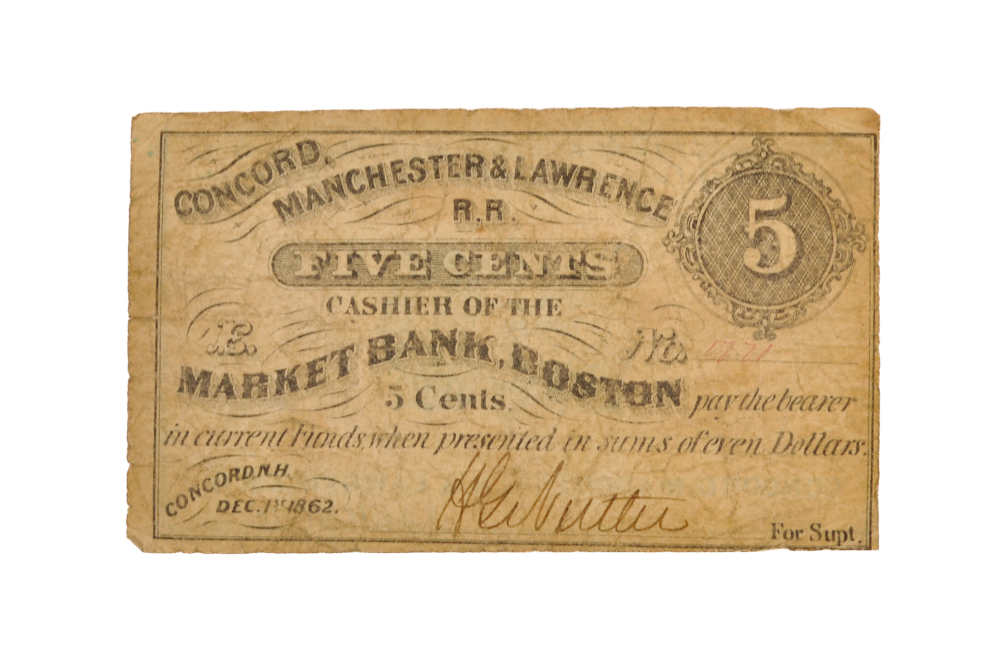 1862 Concord, Manchester & Lawrence Railroad 5 Cents Scrip - Dec. 1st, 1862 - Rare Civil War New Hampshire Railroad Obsolete Five Cent Note