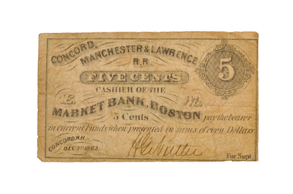1862 Concord, Manchester & Lawrence Railroad 5 Cents Scrip - Dec. 1st, 1862 - Rare Civil War New Hampshire Railroad Obsolete Five Cent Note