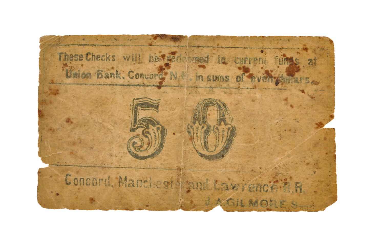 1862 Concord, Manchester & Lawrence Railroad 50 Cents Scrip - Nov 1st, 1862 - Rare Civil War New Hampshire Railroad Obsolete Fifty Cent Note