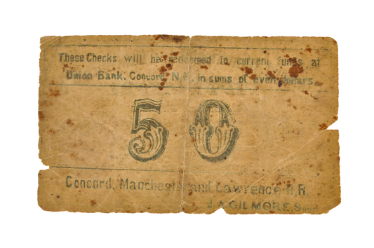 1862 Concord, Manchester & Lawrence Railroad 50 Cents Scrip - Nov 1st, 1862 - Rare Civil War New Hampshire Railroad Obsolete Fifty Cent Note