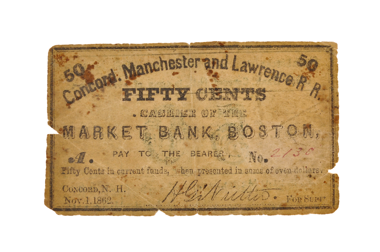 1862 Concord, Manchester & Lawrence Railroad 50 Cents Scrip - Nov 1st, 1862 - Rare Civil War New Hampshire Railroad Obsolete Fifty Cent Note