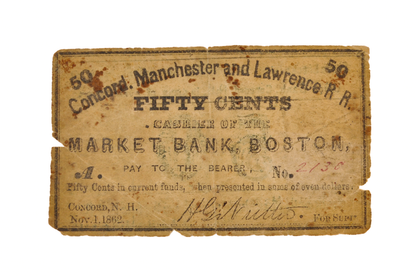 1862 Concord, Manchester & Lawrence Railroad 50 Cents Scrip - Nov 1st, 1862 - Rare Civil War New Hampshire Railroad Obsolete Fifty Cent Note