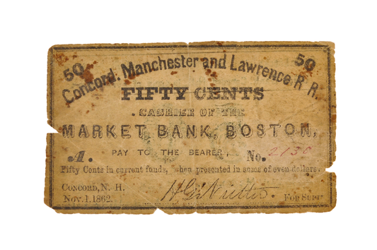 1862 Concord, Manchester & Lawrence Railroad 50 Cents Scrip - Nov 1st, 1862 - Rare Civil War New Hampshire Railroad Obsolete Fifty Cent Note