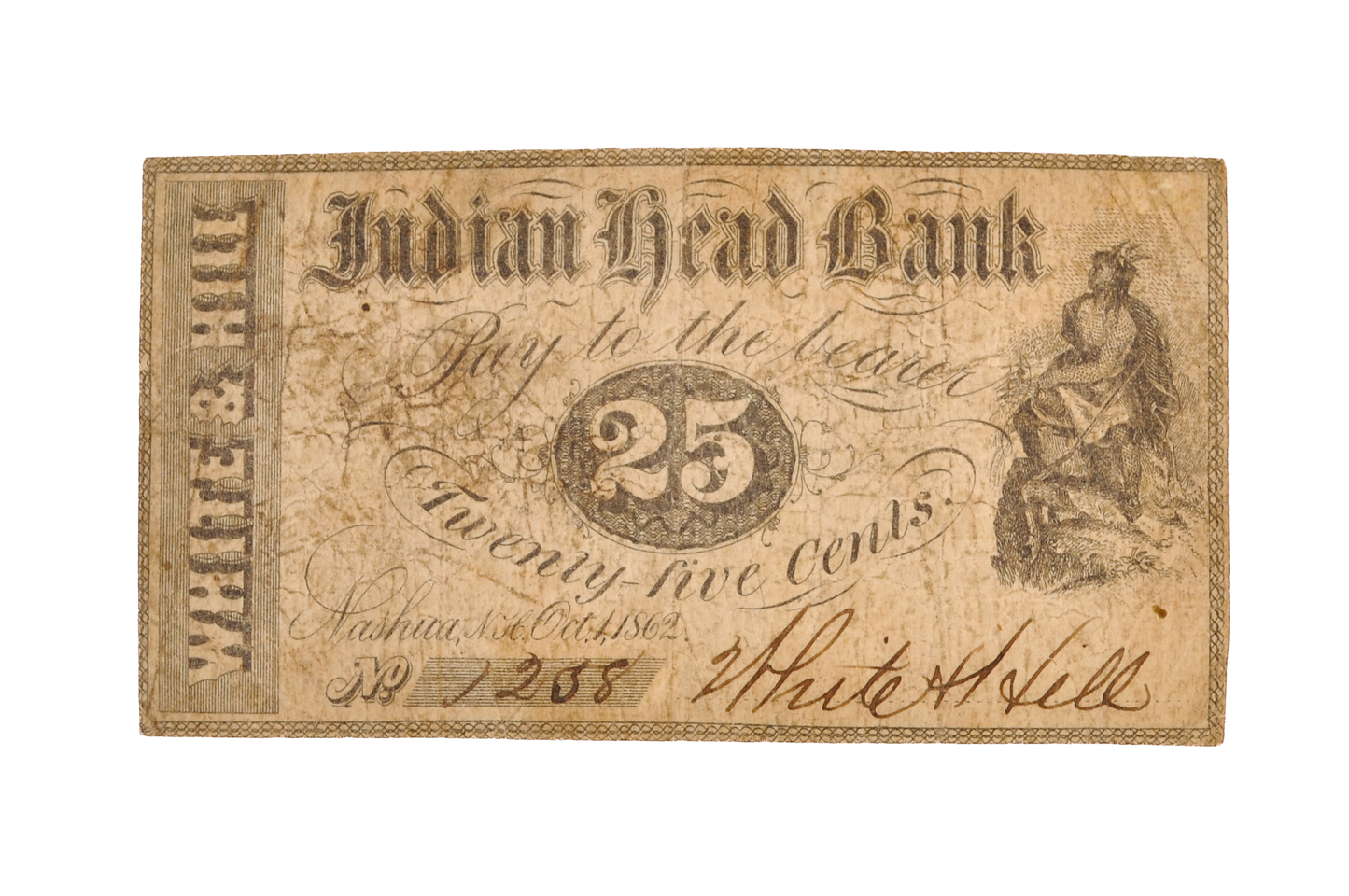 1862 Indian Head Bank 25 Cent Obsolete Banknote - Choose by Grade - Nashua New Hampshire White & Hall Fractional Merchant Scrip Note