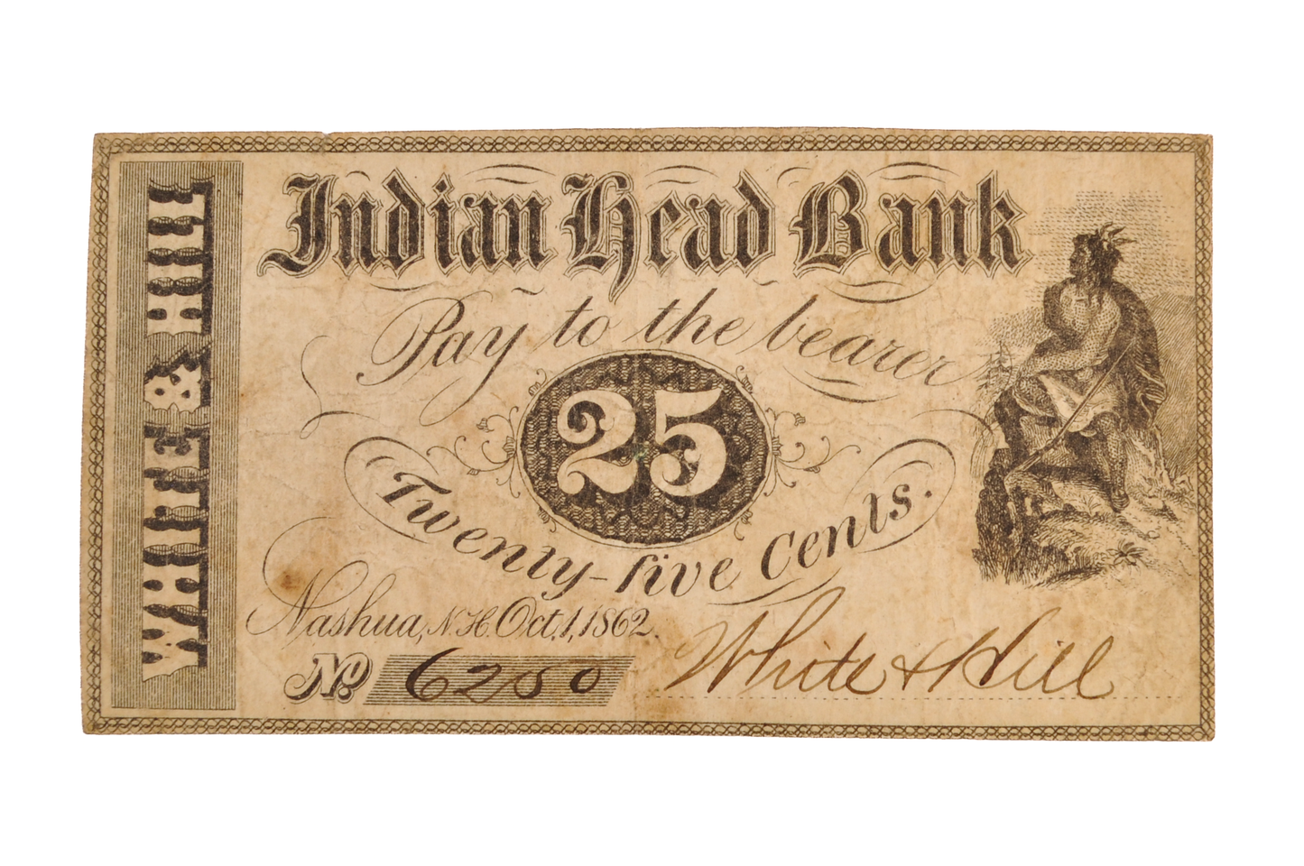 1862 Indian Head Bank 25 Cent Obsolete Banknote - Choose by Grade - Nashua New Hampshire White & Hall Fractional Merchant Scrip Note